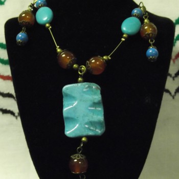 Turquoise and Amber Necklace by Tashakeel Ramallah